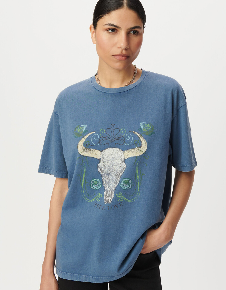 camiseta de manga corta gris azulada para mujer con imagen de búfalo
