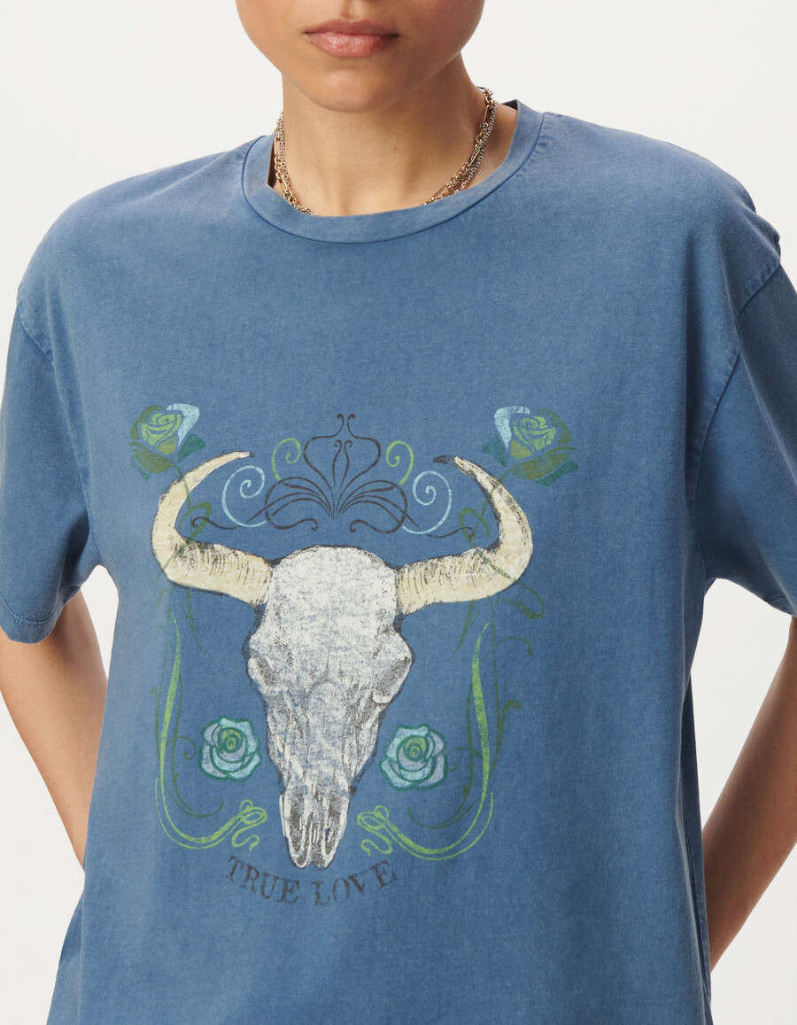 camiseta de manga corta gris azulada para mujer con imagen de búfalo