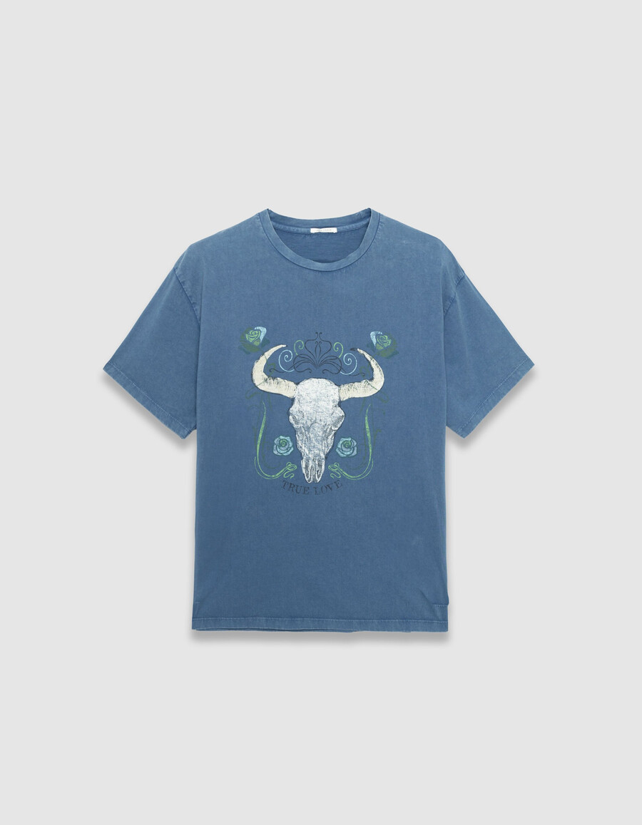 camiseta de manga corta gris azulada para mujer con imagen de búfalo