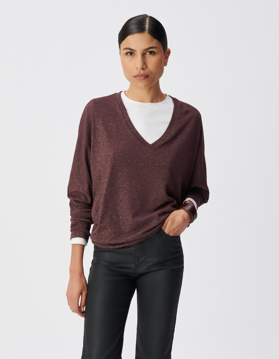 camiseta de lúrex burdeos para mujer con mangas de murciélago