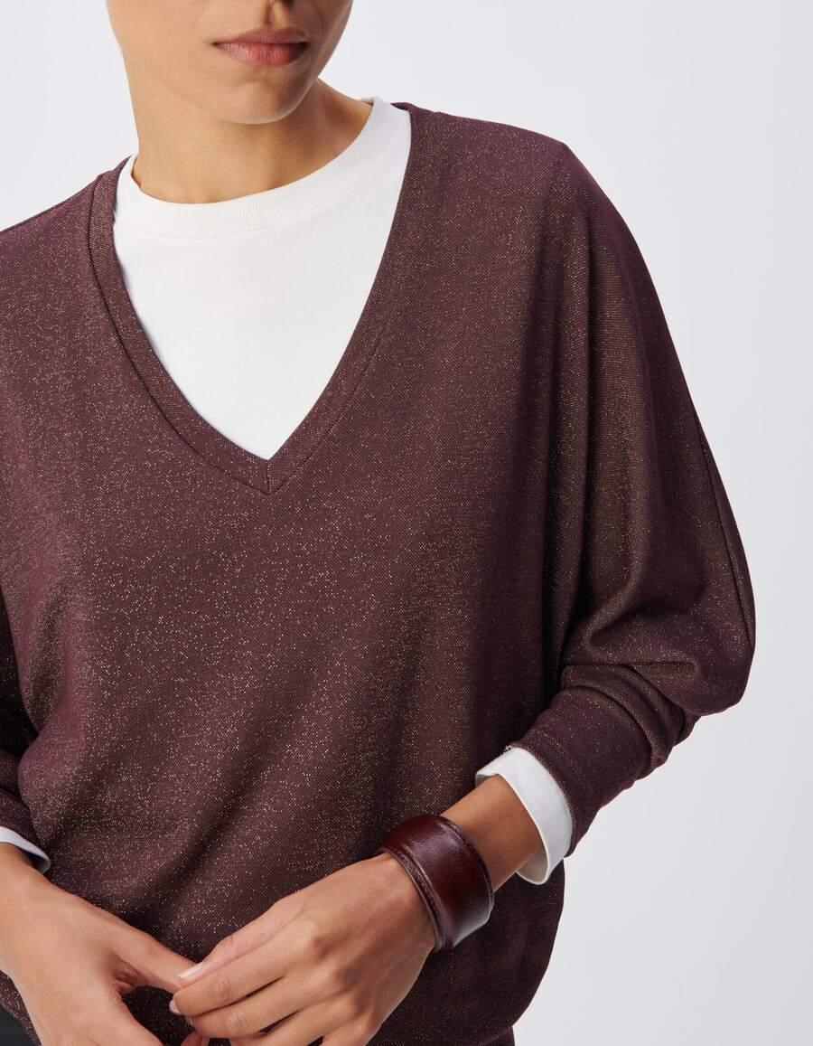 camiseta de lúrex burdeos para mujer con mangas de murciélago