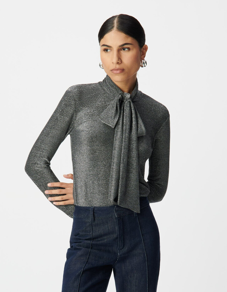 camiseta de punto de lúrex plateada para mujer con lazo en el cuello