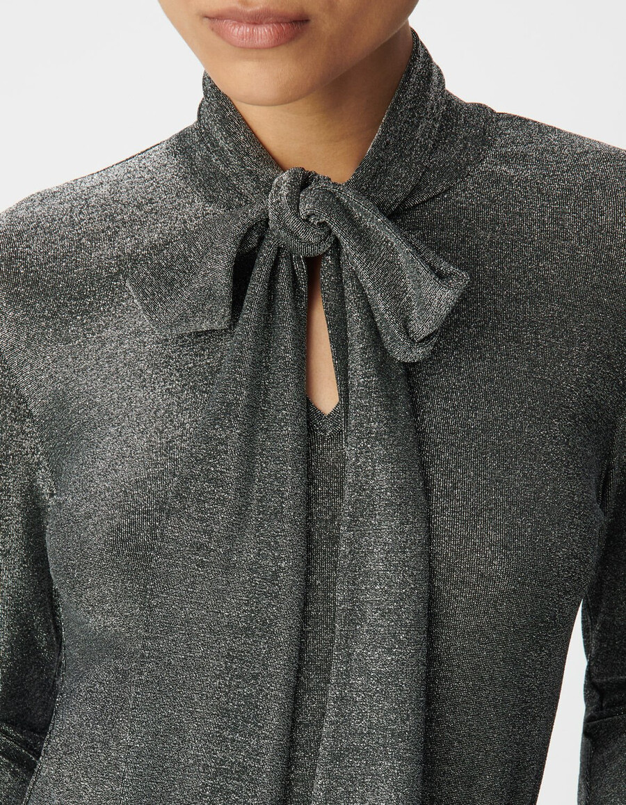 camiseta de punto de lúrex plateada para mujer con lazo en el cuello