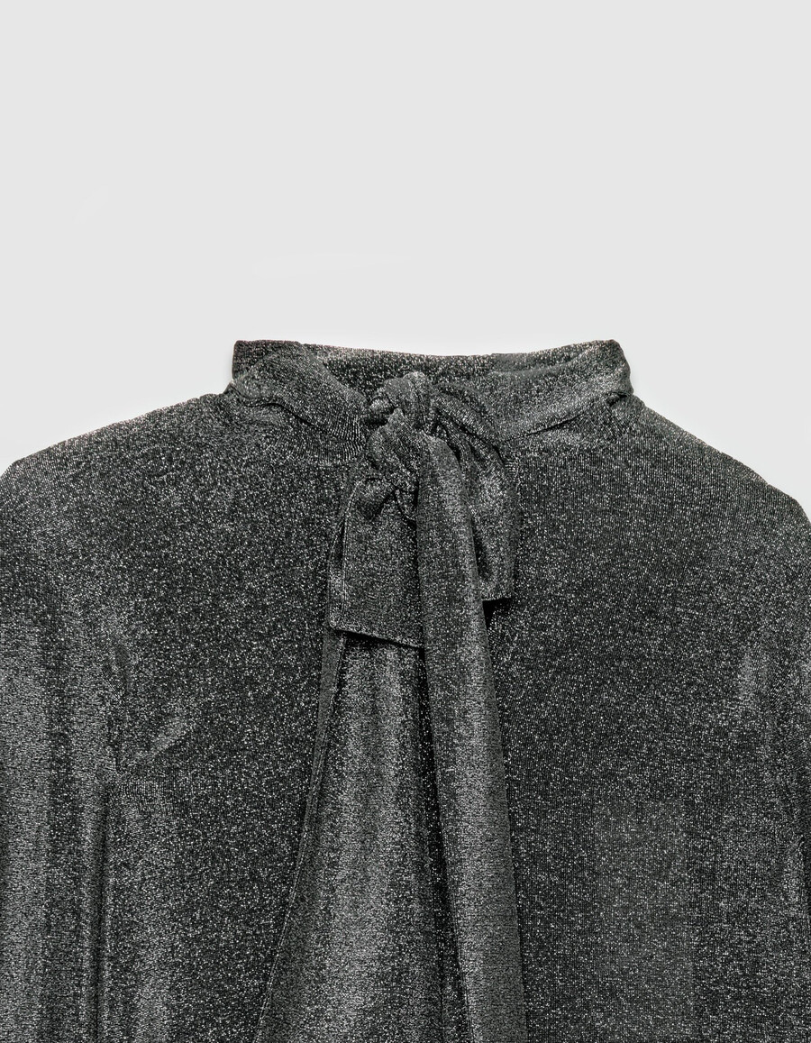 camiseta de punto de lúrex plateada para mujer con lazo en el cuello