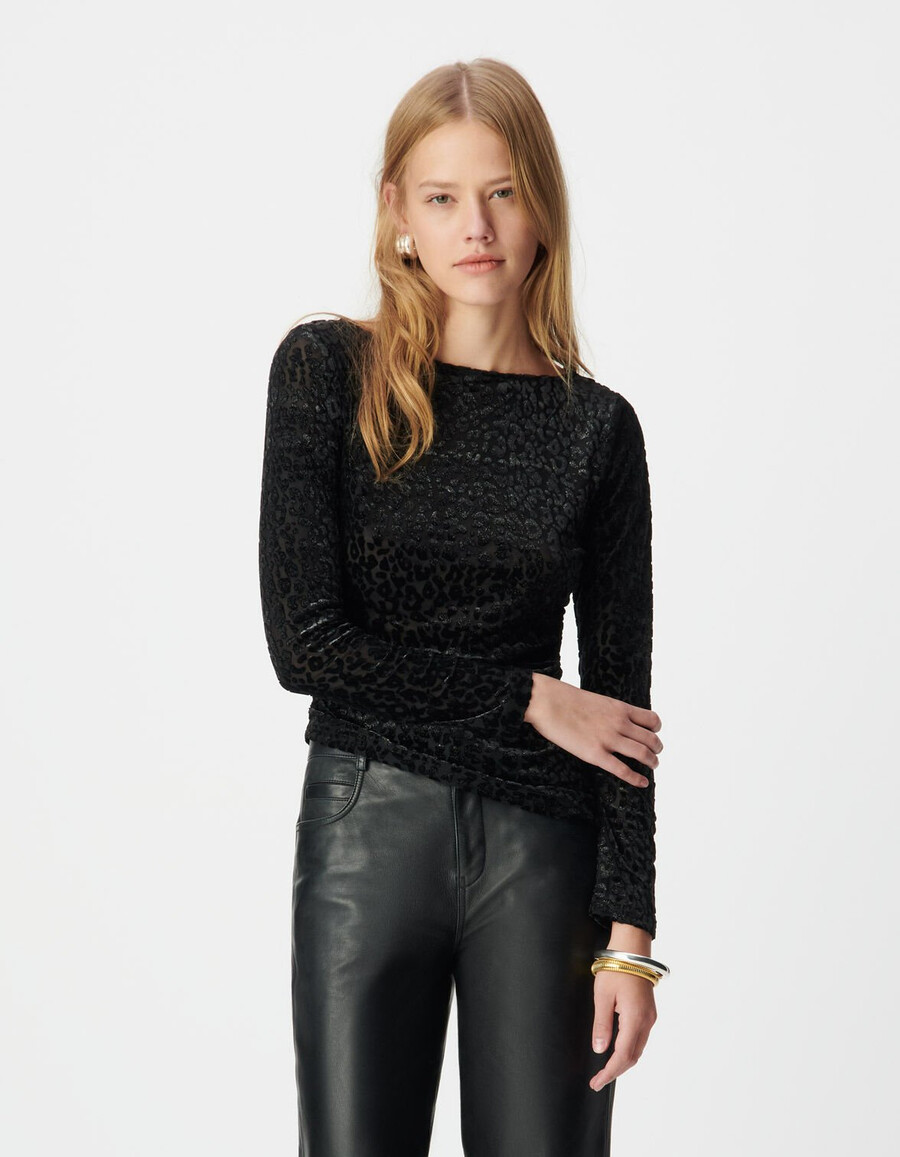 camiseta de terciopelo negro para mujer con estampado de leopardo