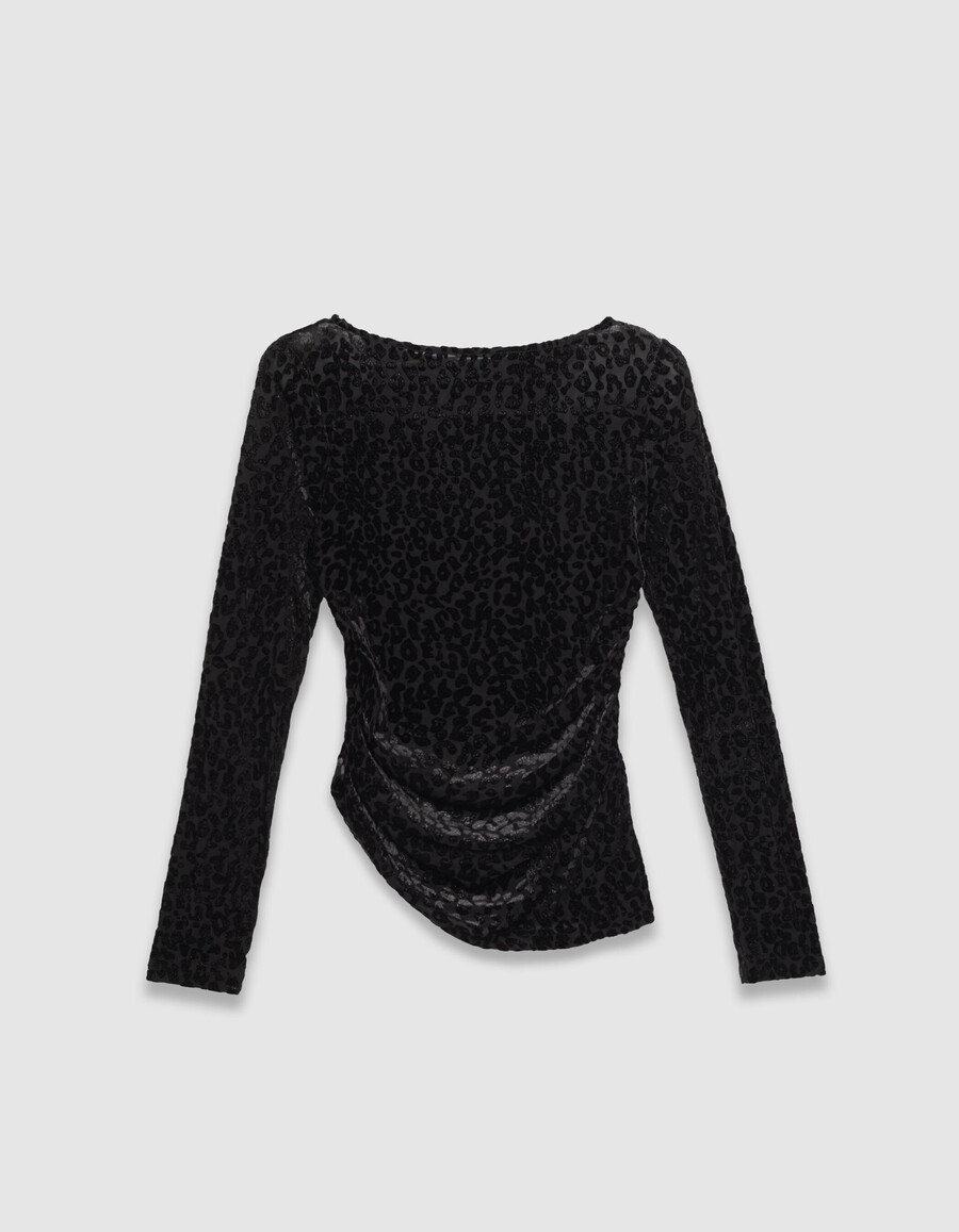 camiseta de terciopelo negro para mujer con estampado de leopardo