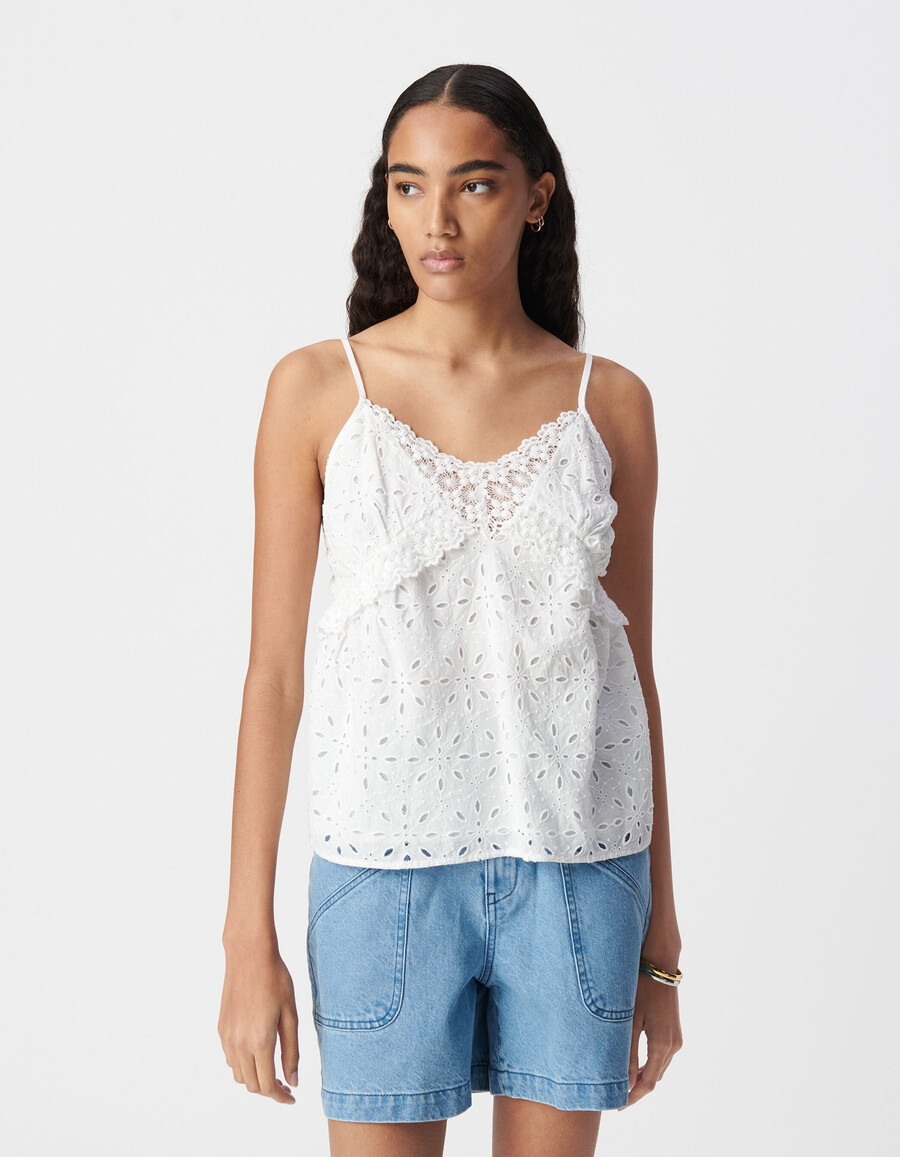 camisola de tirantes con bordado de ojales blancos para mujer