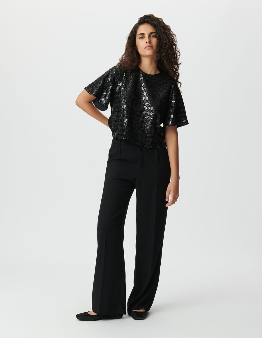 top negro con lentejuelas bordadas para mujer mangas mariposa