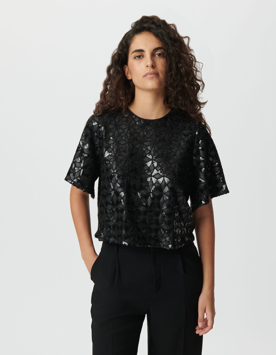 top negro con lentejuelas bordadas para mujer mangas mariposa