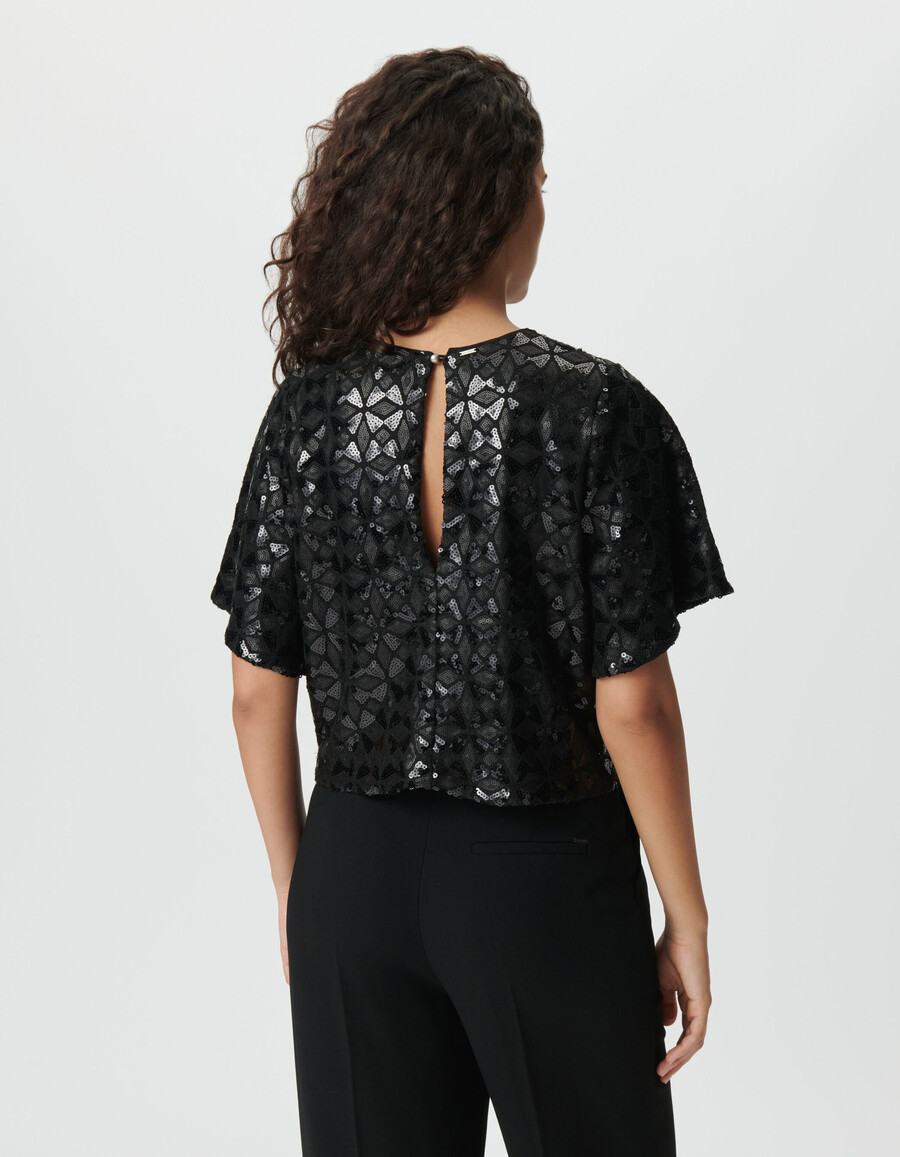 top negro con lentejuelas bordadas para mujer mangas mariposa