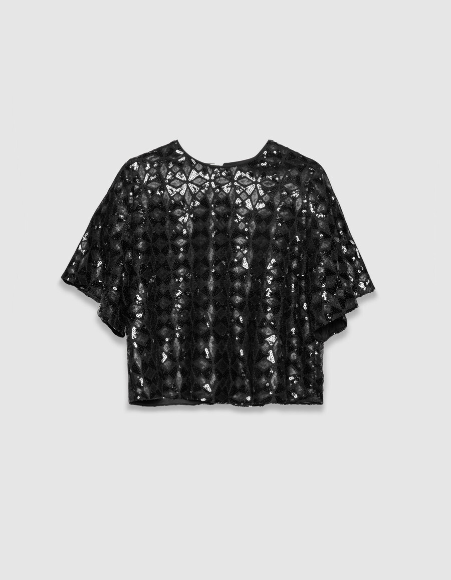 top negro con lentejuelas bordadas para mujer mangas mariposa