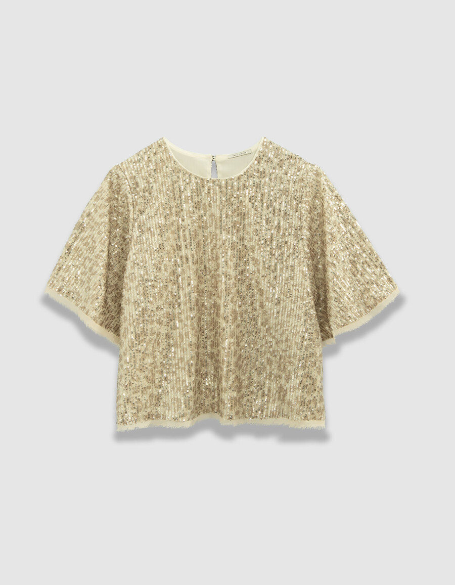 top beige de mujer con lentejuelas doradas y mangas mariposa