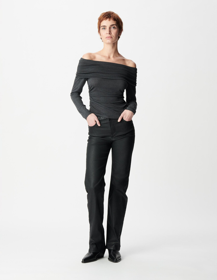 camiseta gris de malla con lentejuelas y cuello bustier para mujer
