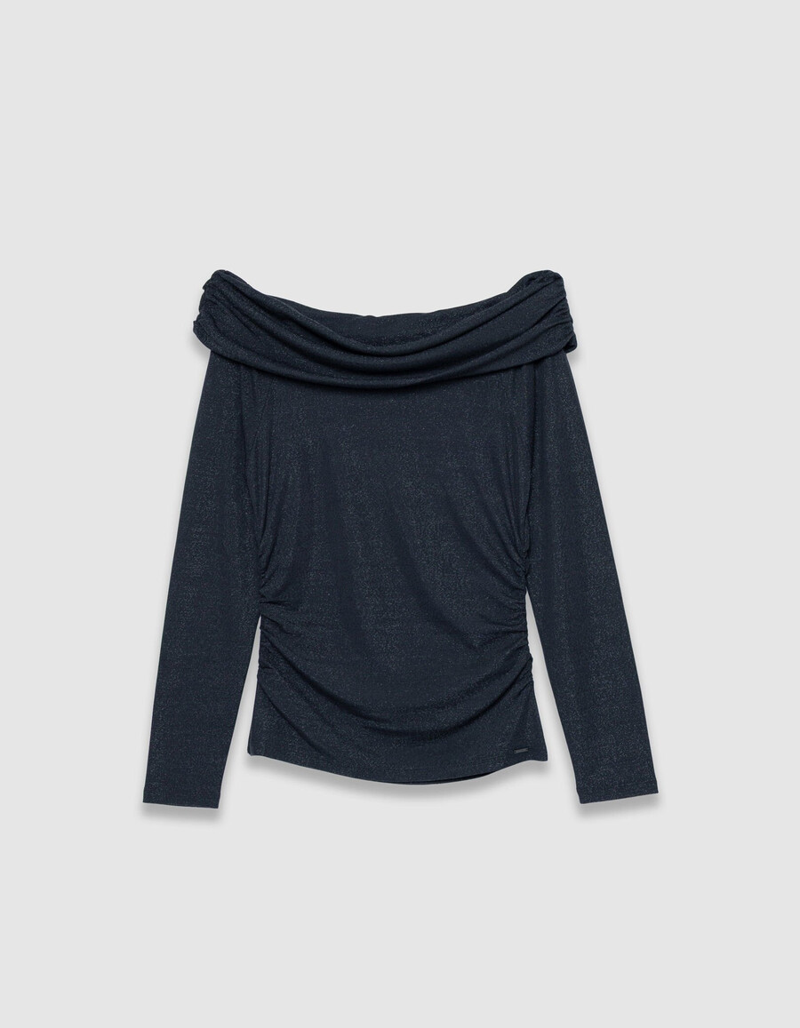 camiseta gris de malla con lentejuelas y cuello bustier para mujer