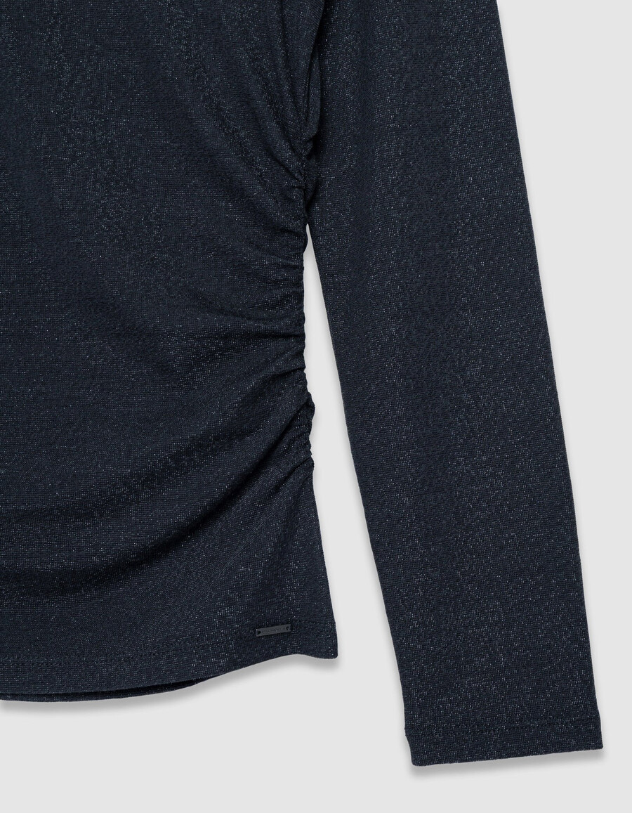 camiseta gris de malla con lentejuelas y cuello bustier para mujer