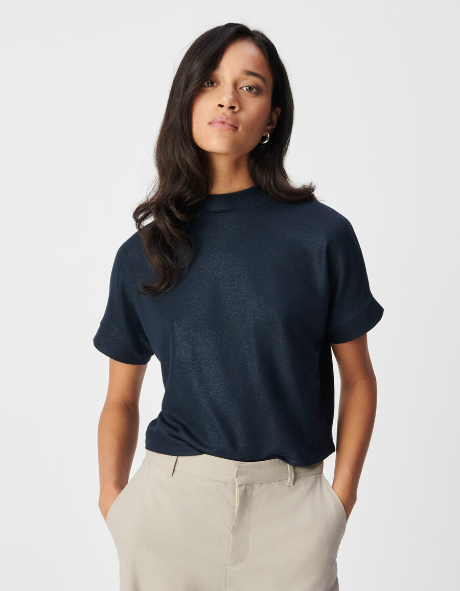 camiseta de manga corta con lentejuelas azul marino para mujer