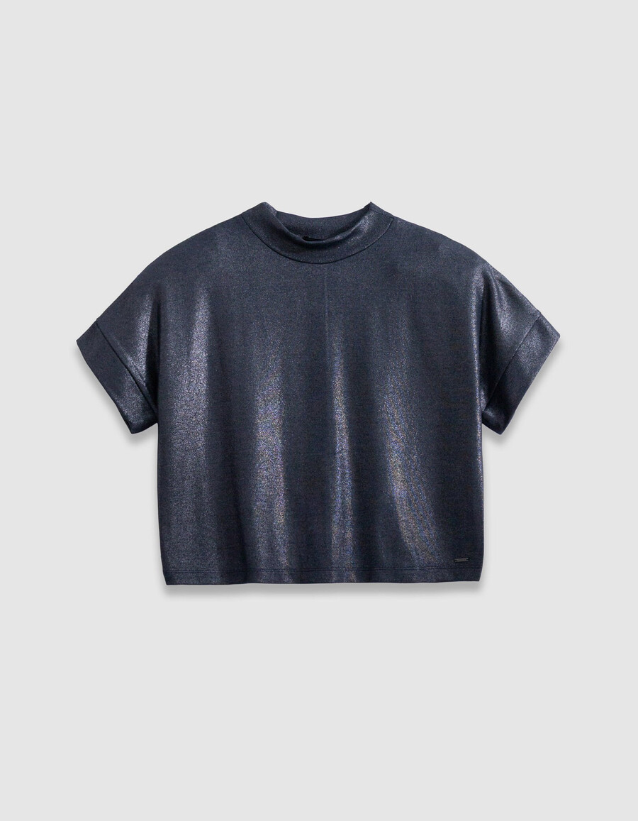 camiseta de manga corta con lentejuelas azul marino para mujer