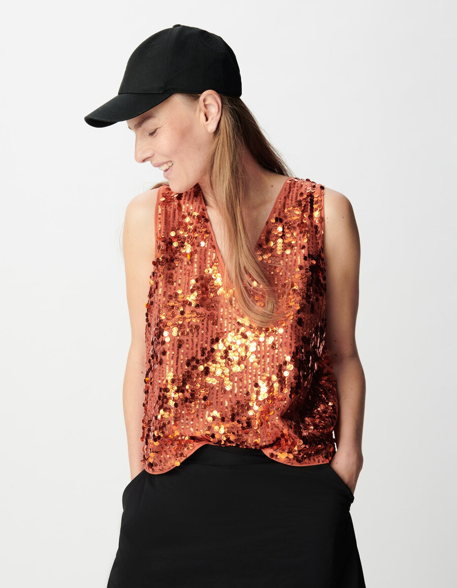 top sin mangas con lentejuelas en color naranja calabaza para mujer