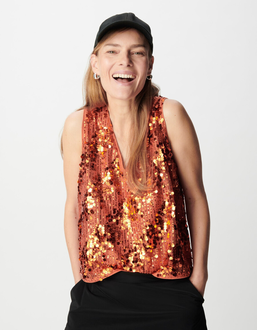 top sin mangas con lentejuelas en color naranja calabaza para mujer
