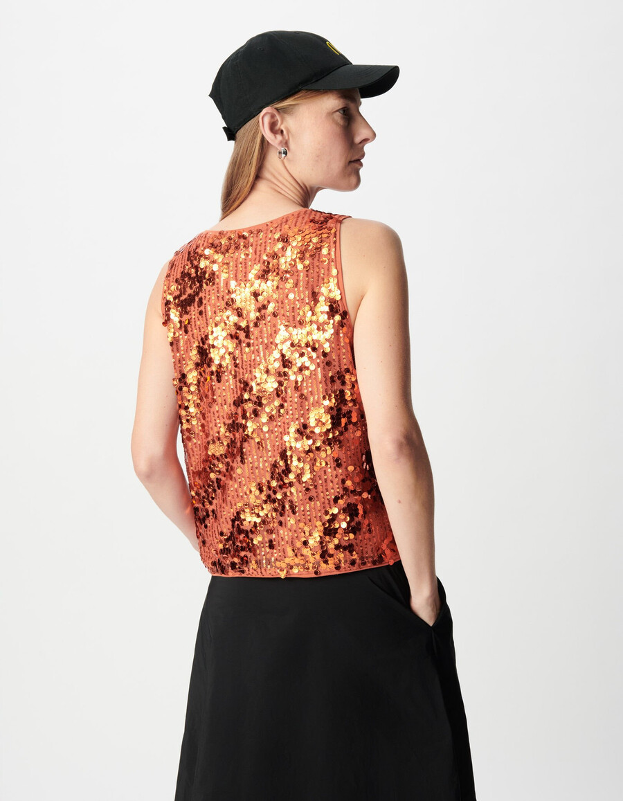 top sin mangas con lentejuelas en color naranja calabaza para mujer