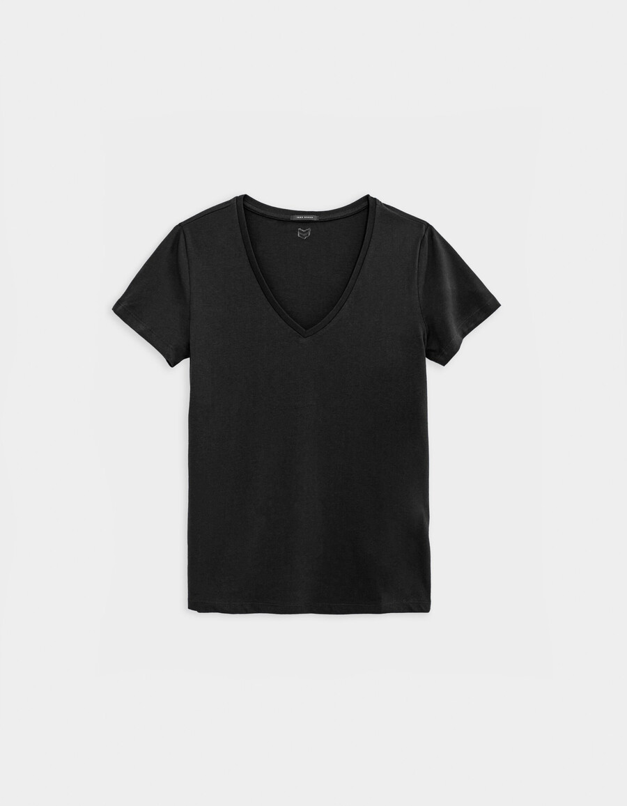 camiseta negra con cuello en v y bordado de chevron en la espalda para mujer
