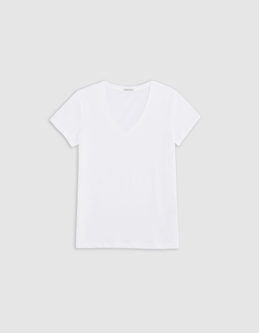 camiseta blanca con cuello en v y bordado de chevron en la espalda para mujer