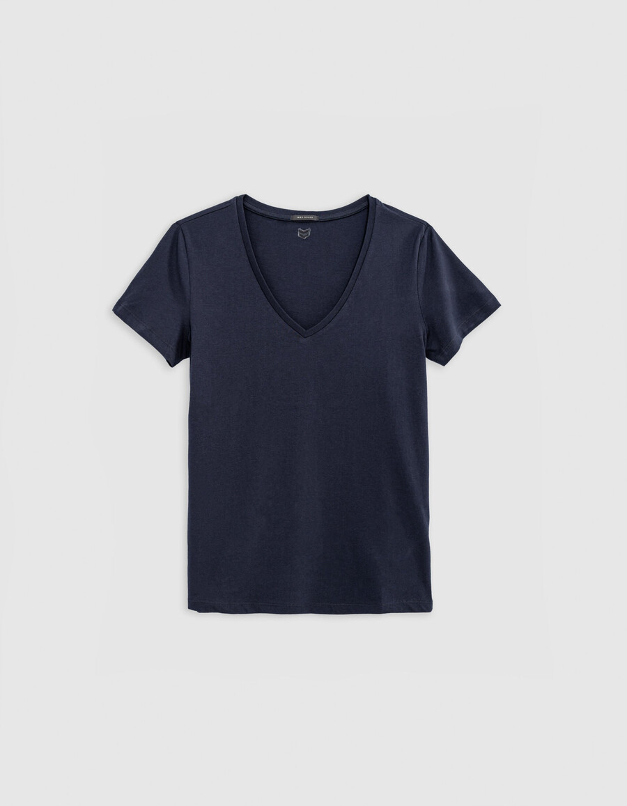 camiseta azul marino con cuello en v y bordado de chevron en la espalda para mujer
