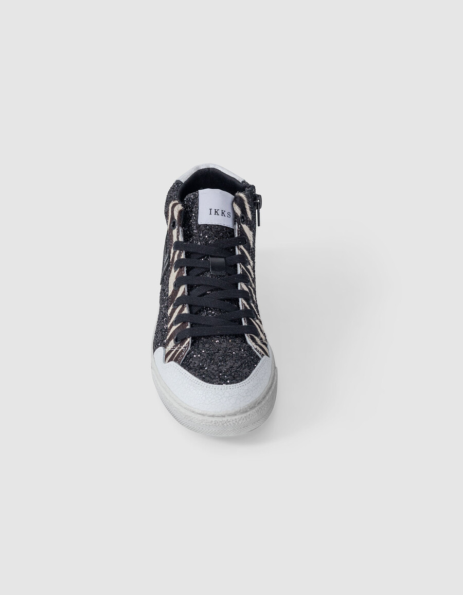 zapatillas negras de cebra con microlentejuelas y piel para mujer