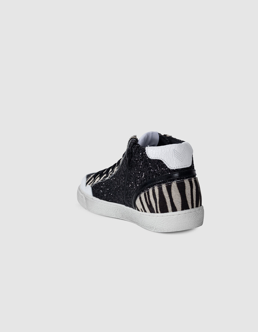 zapatillas negras de cebra con microlentejuelas y piel para mujer