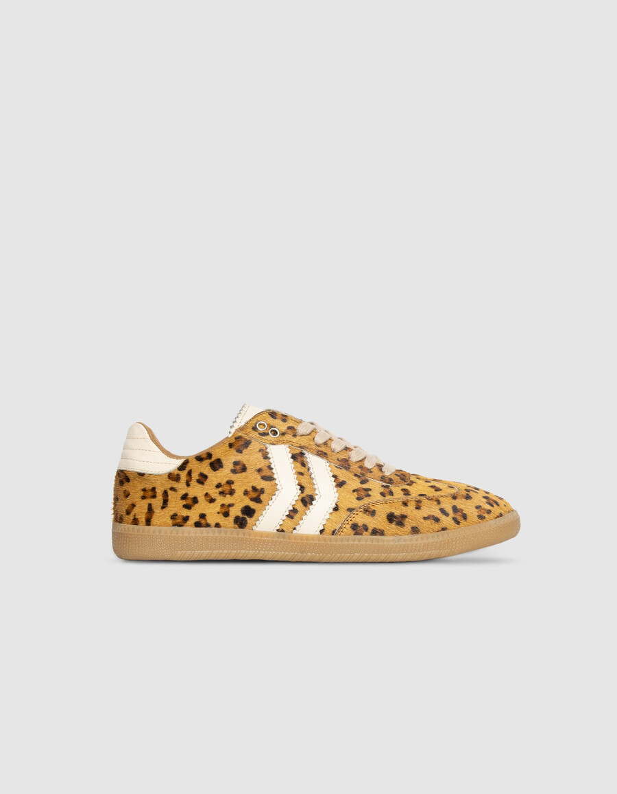 zapatillas bajas de piel con efecto poni y estampado de leopardo y camello para mujer