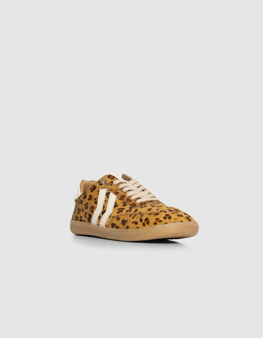 zapatillas bajas de piel con efecto poni y estampado de leopardo y camello para mujer