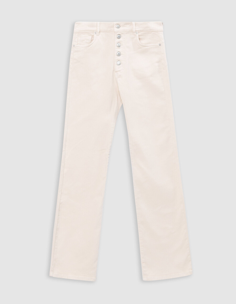 vaqueros acampanados beige para mujer con botones visibles y sin agua
