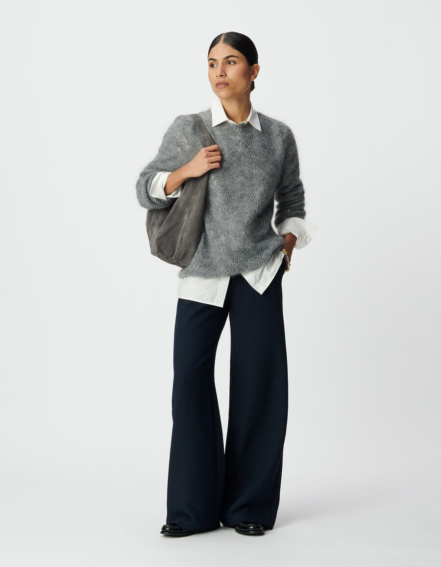 pantalones rectos de franela azul marino para mujer