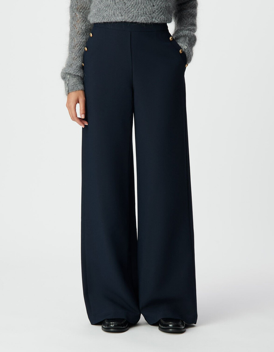 pantalones rectos de franela azul marino para mujer