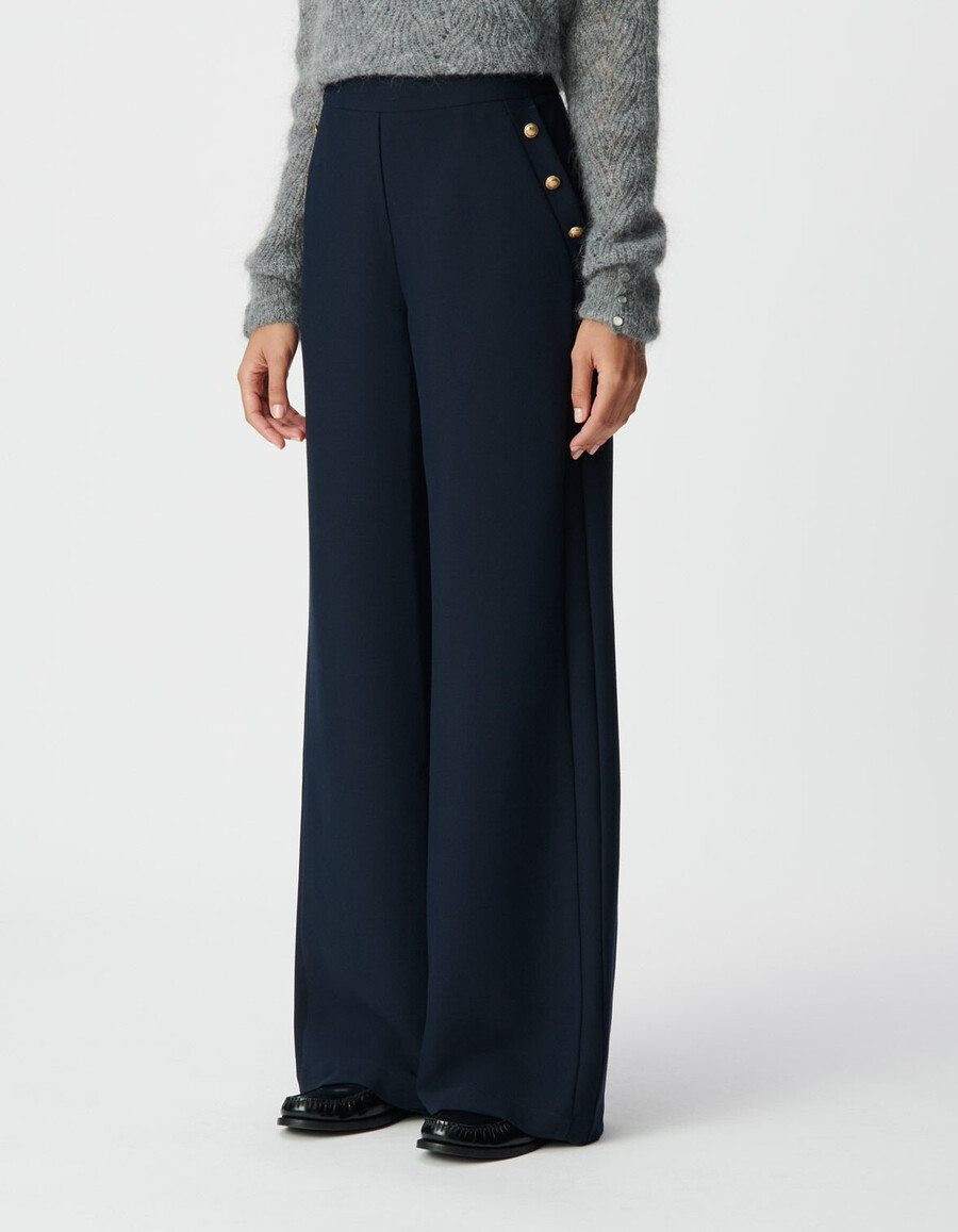 pantalones rectos de franela azul marino para mujer