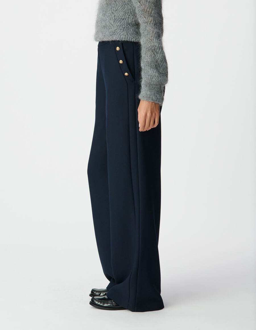 pantalones rectos de franela azul marino para mujer