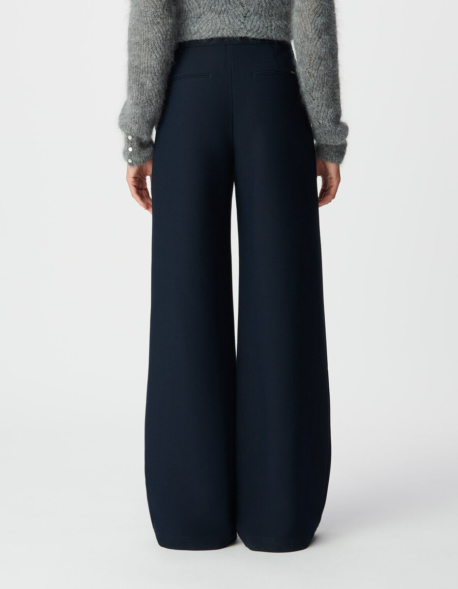 pantalones rectos de franela azul marino para mujer