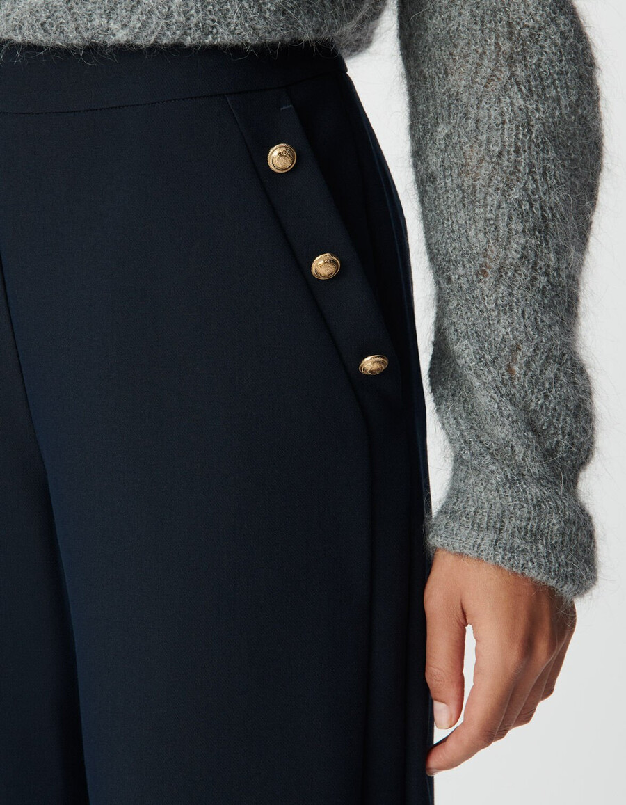 pantalones rectos de franela azul marino para mujer