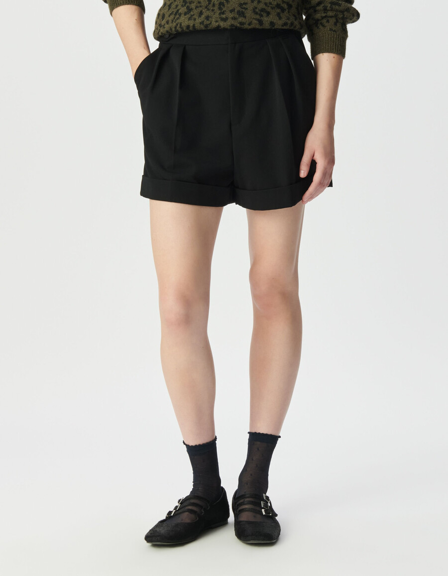 pantalones cortos anchos negros con dobladillo para mujer