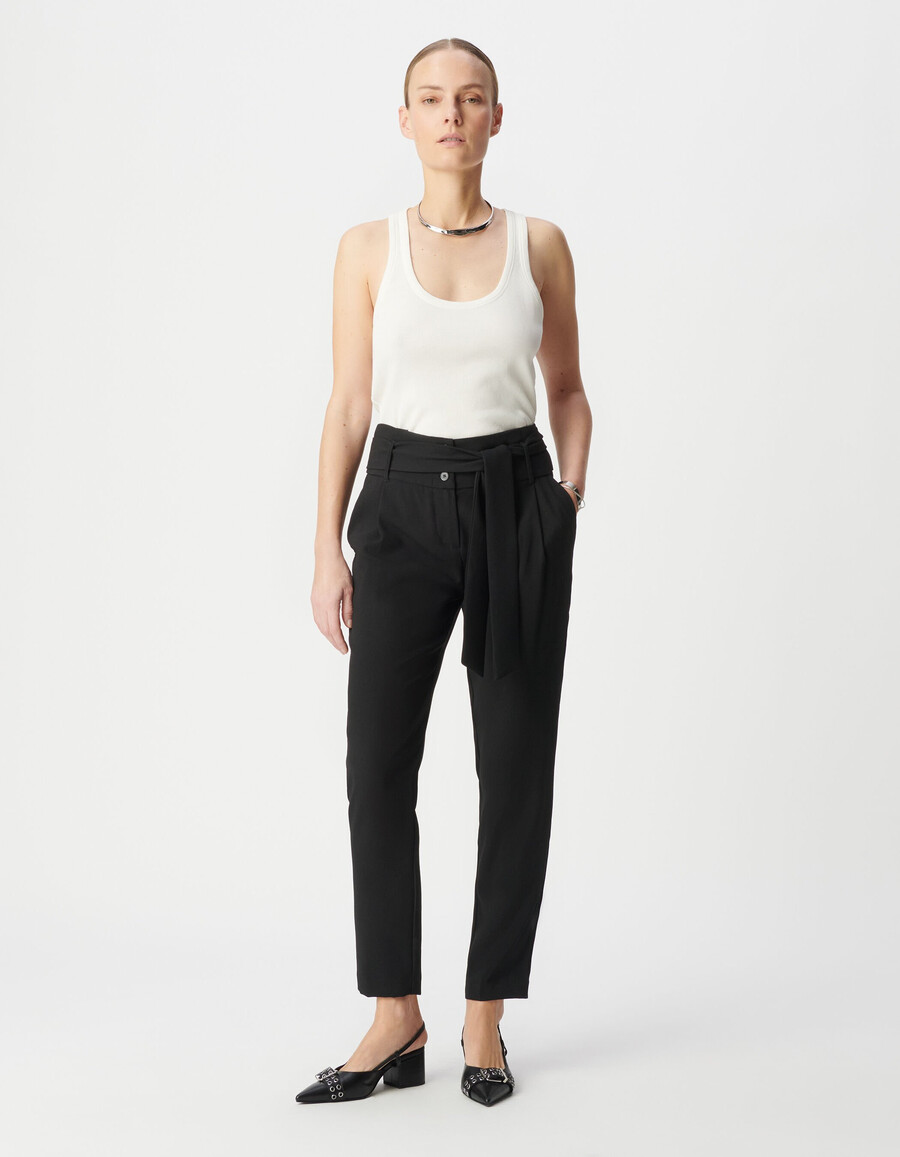 pantalones de crepé negro de cintura alta para mujer