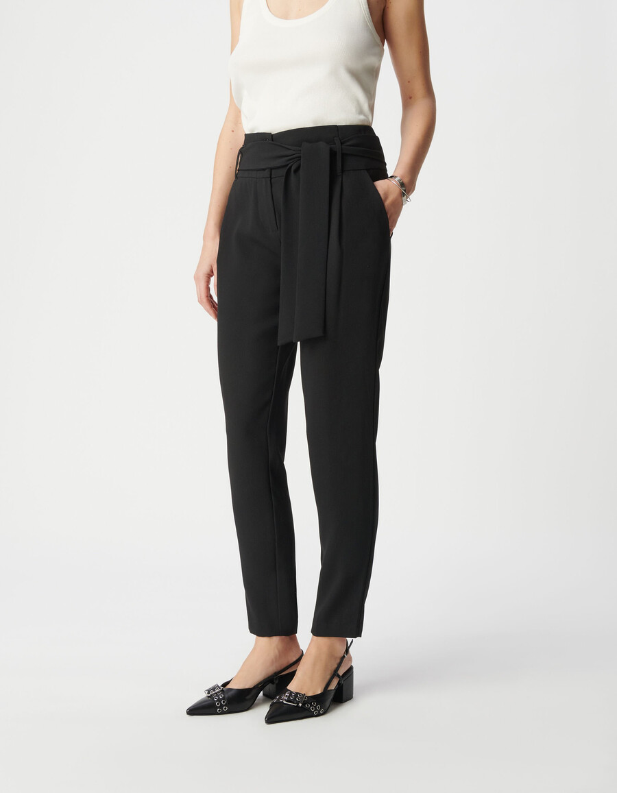 pantalones de crepé negro de cintura alta para mujer